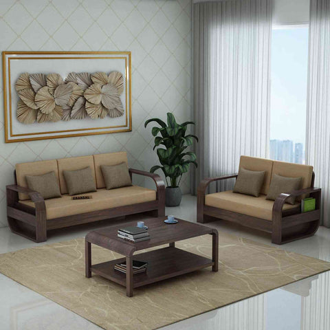 Denzaderb Solid Sheesham Wood 5 Seater Sofa Set With Coffee Table (3+2, Walnut Finish)
