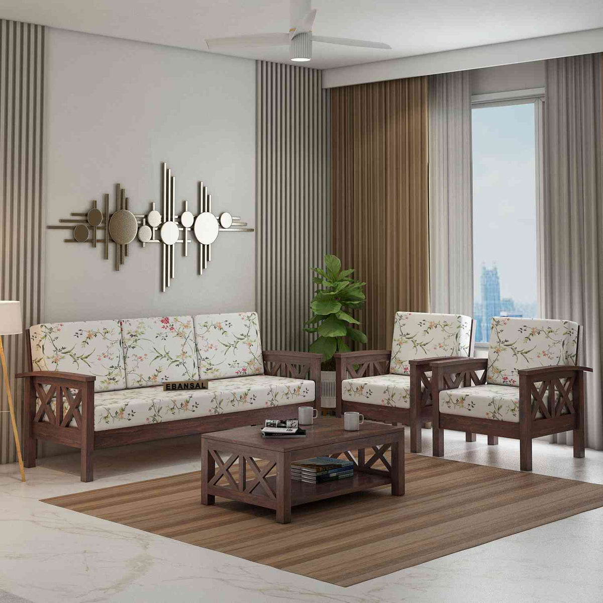 Prio Solid Sheesham Wood 5 Seater Sofa Set (3+1+1, Walnut Finish)