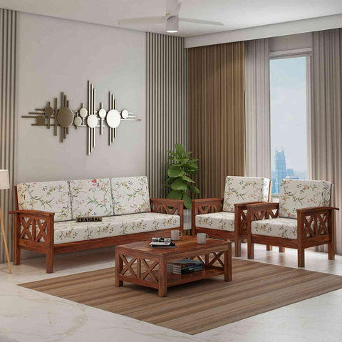 Prio Solid Sheesham Wood 5 Seater Sofa Set (3+1+1, Natural Finish)