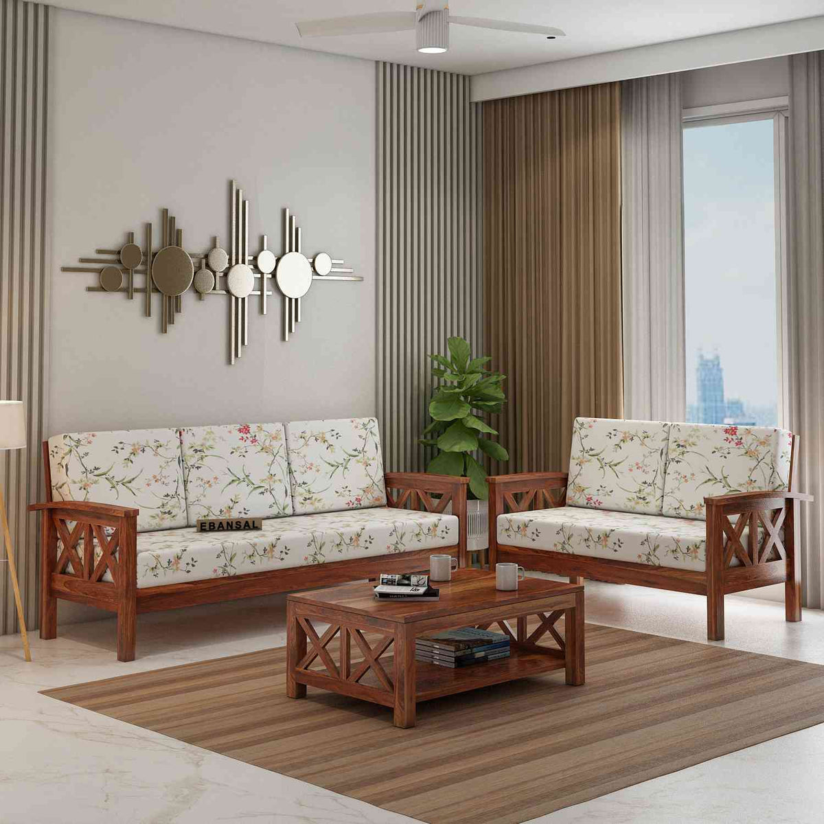 Prio Solid Sheesham Wood 5 Seater Sofa Set (3+2, Natural Finish)