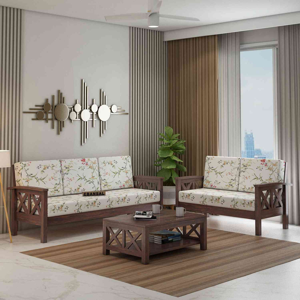 Prio Solid Sheesham Wood 5 Seater Sofa Set (3+2, Walnut Finish)