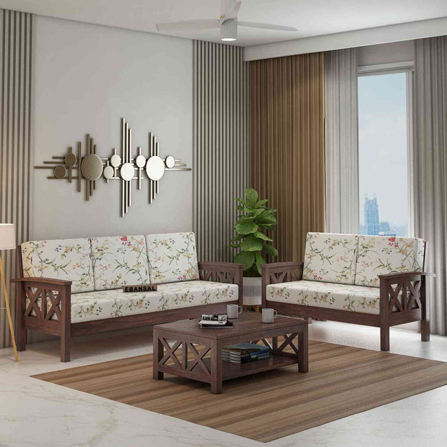 Prio Solid Sheesham Wood 5 Seater Sofa Set (3+2, Walnut Finish)