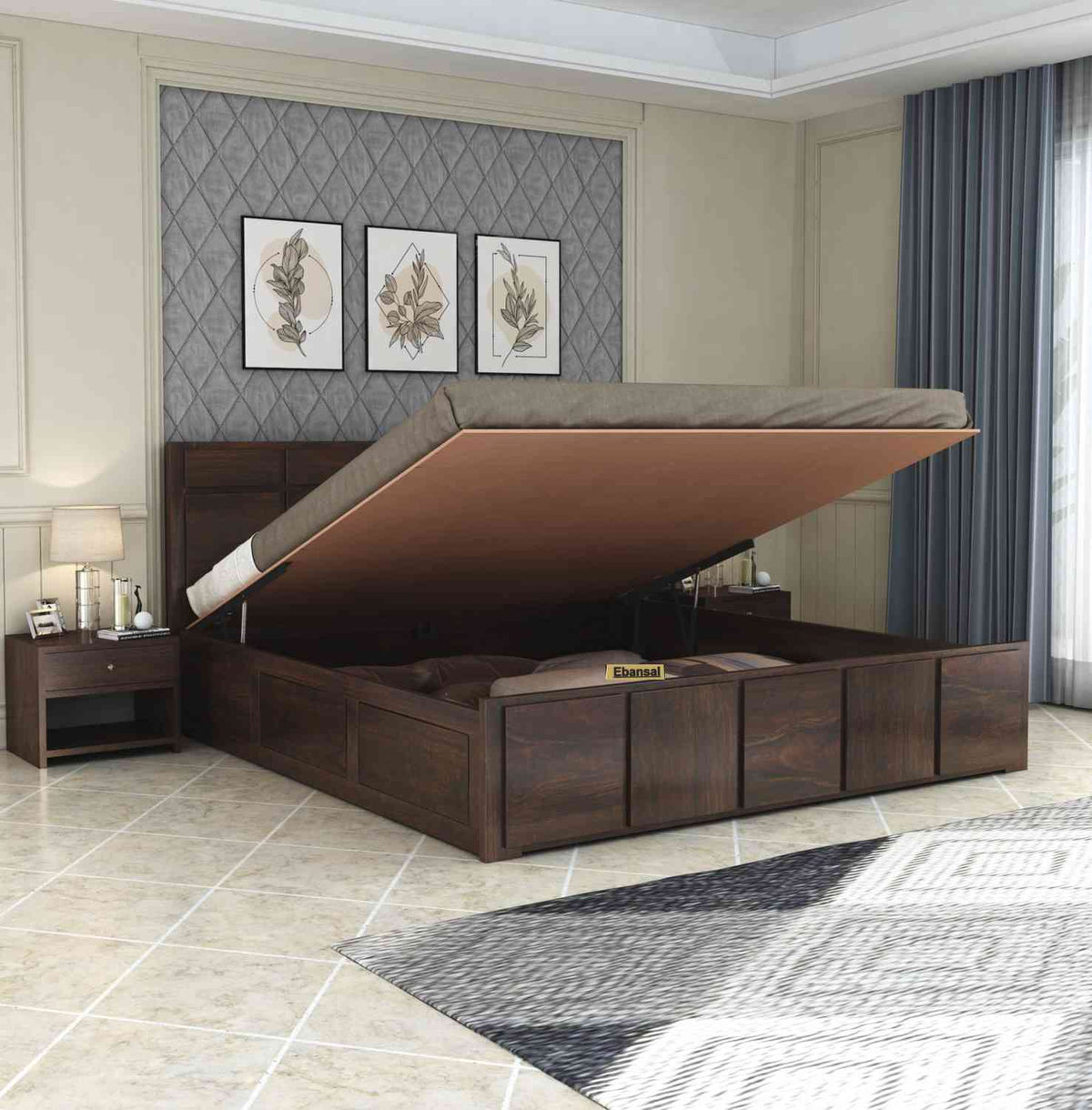 Mobell Solid Sheesham Wood Hydraulic Bed With Box Storage (Queen Size, Walnut Finish)