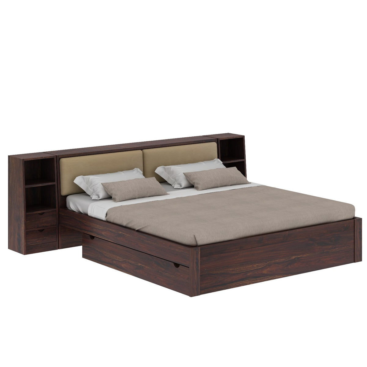 Lumin Solid Sheesham Wood Bed With 2 Drawers And 2 Side Tables (King Size, Walnut)