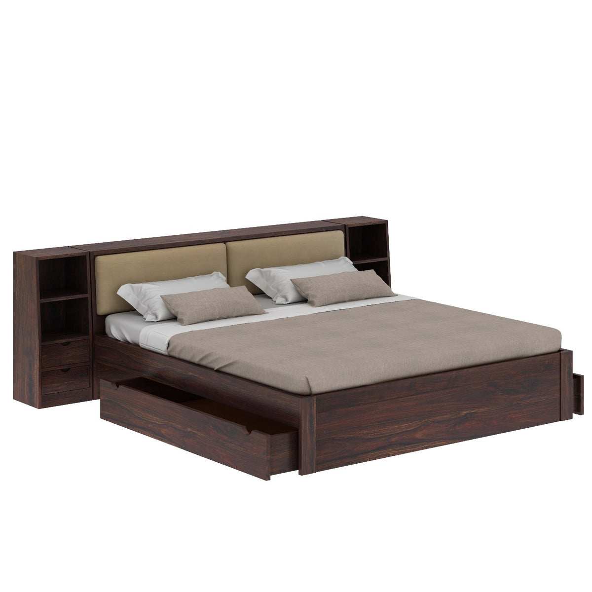 Lumin Solid Sheesham Wood Bed With 2 Drawers And 1 Side Table (King Size, Walnut)