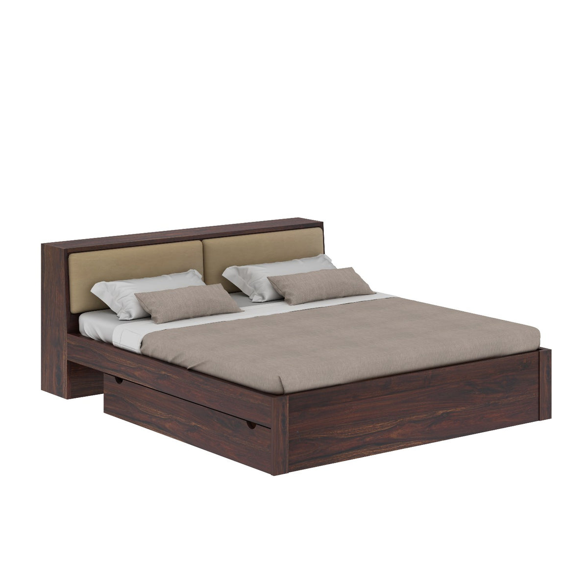 Lumin Solid Sheesham Wood Bed With 2 Drawers And 1 Side Table (Queen Size, Walnut)