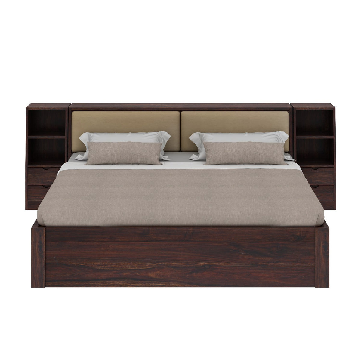 Lumin Solid Sheesham Wood Bed With 2 Drawers And 1 Side Table (Queen Size, Walnut)