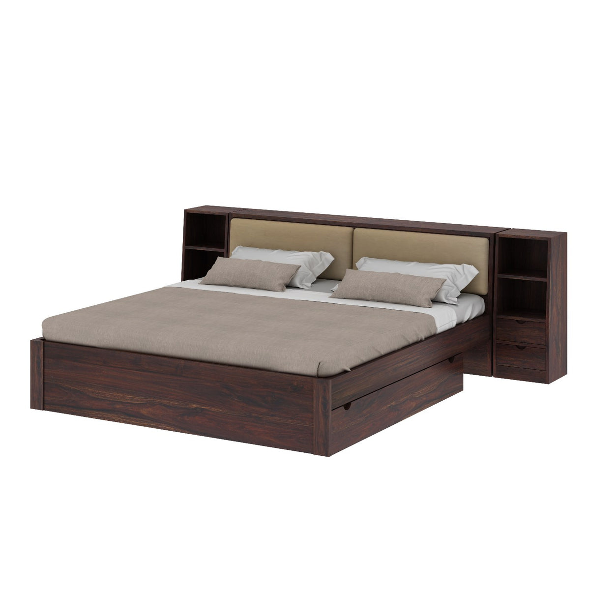Lumin Solid Sheesham Wood Bed With 2 Drawers And 2 Side Tables (King Size, Walnut)