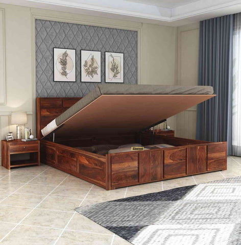 Mobell Solid Sheesham Wood Hydraulic Bed With Box Storage (King Size, Natural Finish)