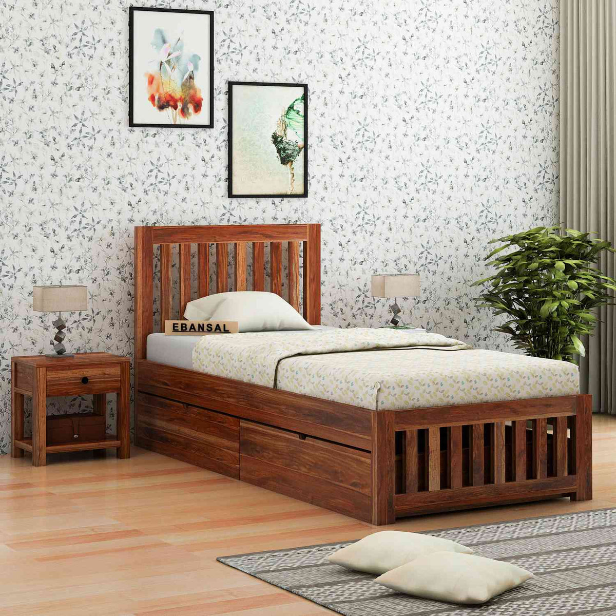 Maurice Solid Sheesham Wood Single Bed With 2 Drawers (Natural Finish)