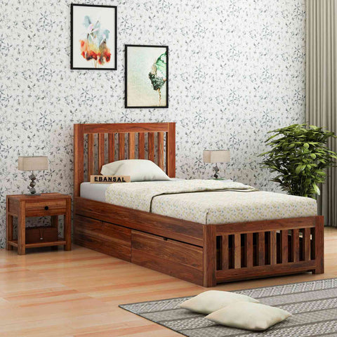 Maurice Solid Sheesham Wood Single Bed With 2 Drawers (Natural Finish)