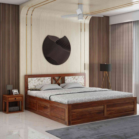 Moon Solid Sheesham Wood Box Storage Bed With Cushioned Headboard (King Size, Natural Finish)