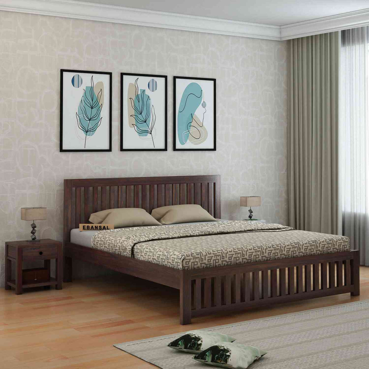 Maurice Solid Sheesham Wood Bed Without Storage (King Size, Walnut Finish)