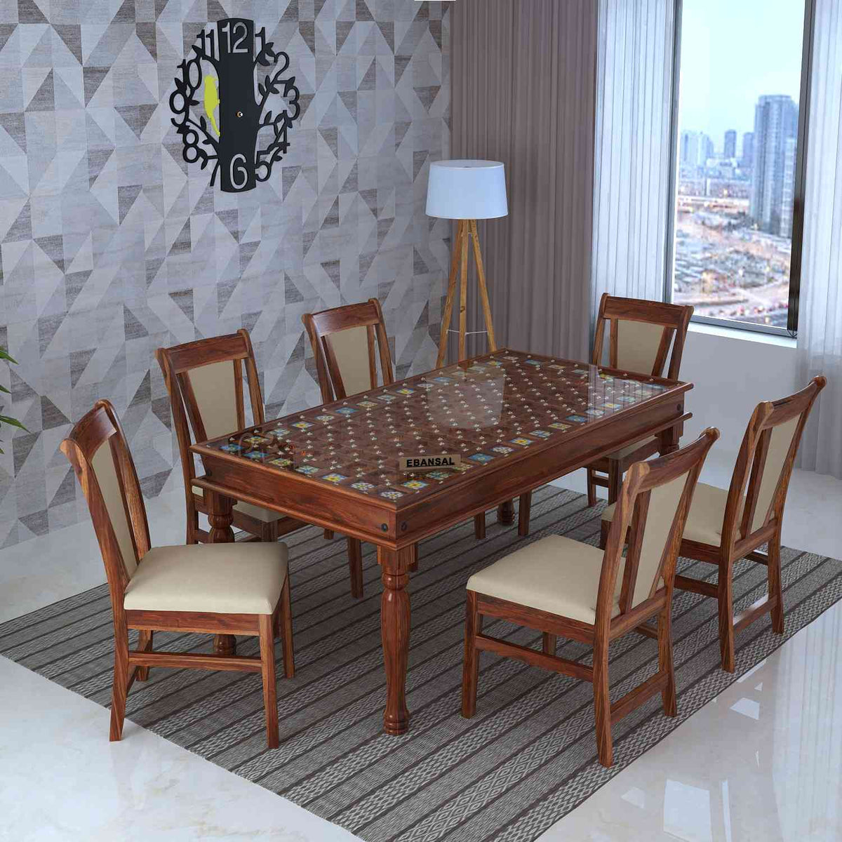 Maharana Solid Sheesham Wood 6 Seater Dining Set (Design 3, Natural Finish)
