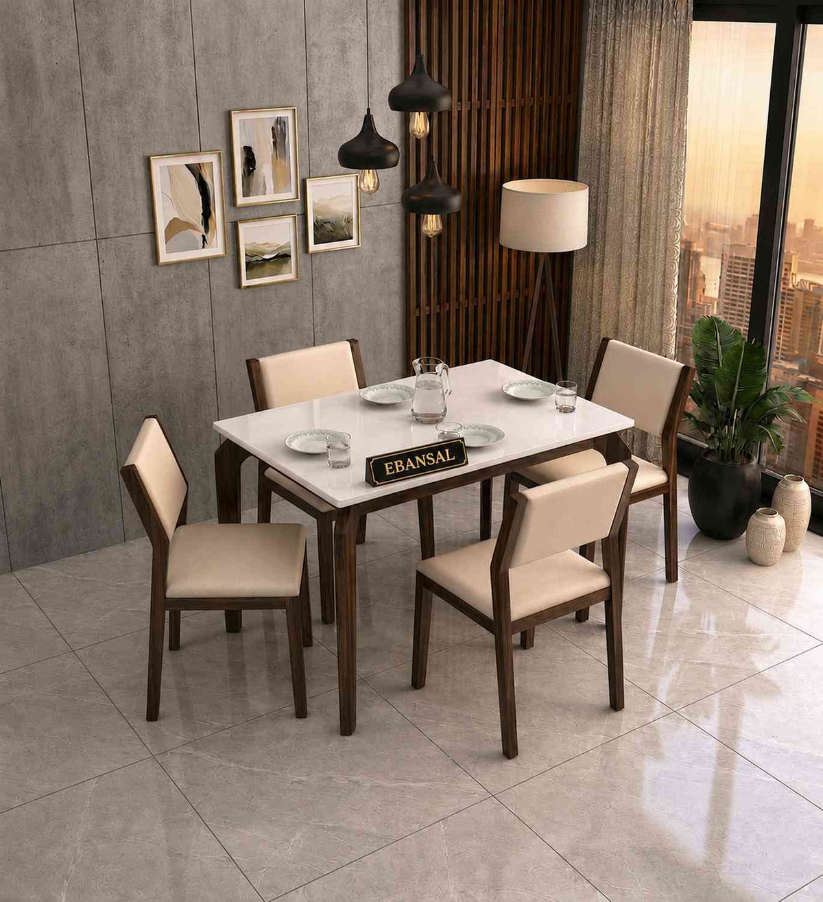 Revista Solid Sheesham Wood 4 Seater Dining Set (With Cushion, Walnut Finish)