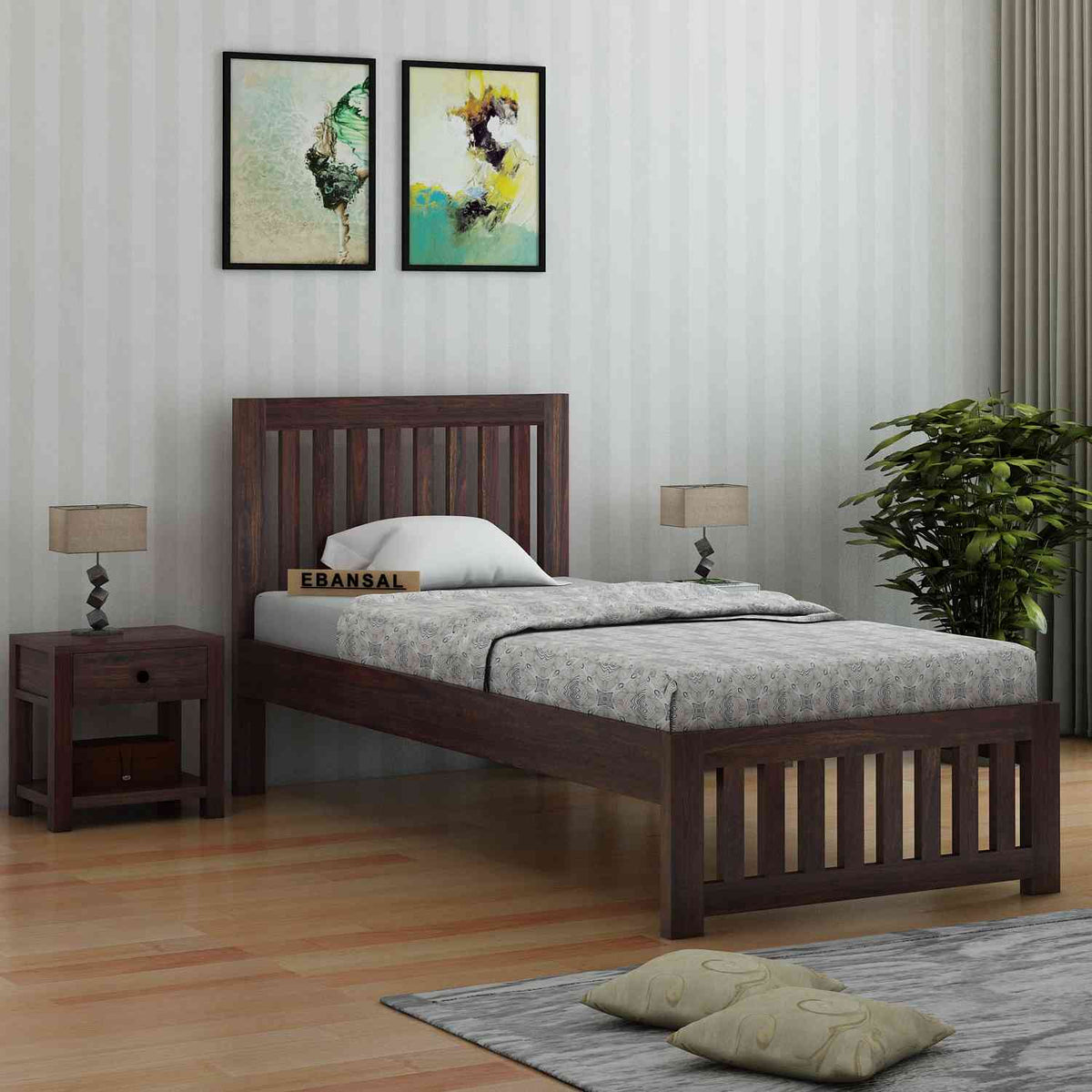 Maurice Solid Sheesham Wood Single Bed Without Storage (Walnut Finish)
