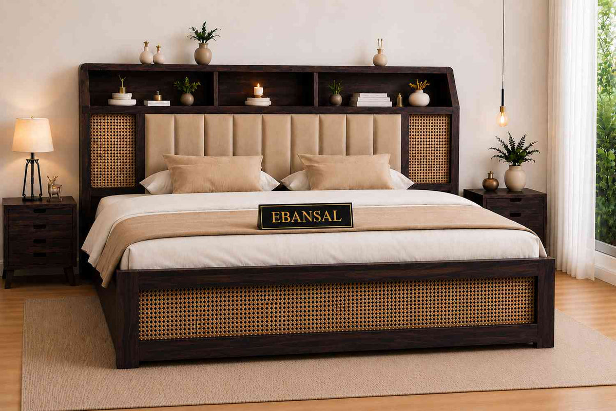 Canejoy Solid Sheesham Wood Bed With Box Storage (King Size, Walnut Finish)