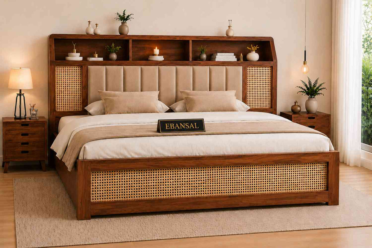 Canejoy Solid Sheesham Wood Bed With Box Storage (Queen Size, Natural Finish)