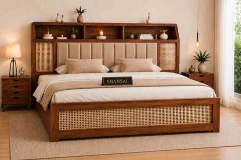 Canejoy Solid Sheesham Wood Bed With Box Storage (King Size, Natural Finish)