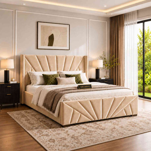 Embrace Premium Fabric Bed With Box Storage (Queen Size, Beige)