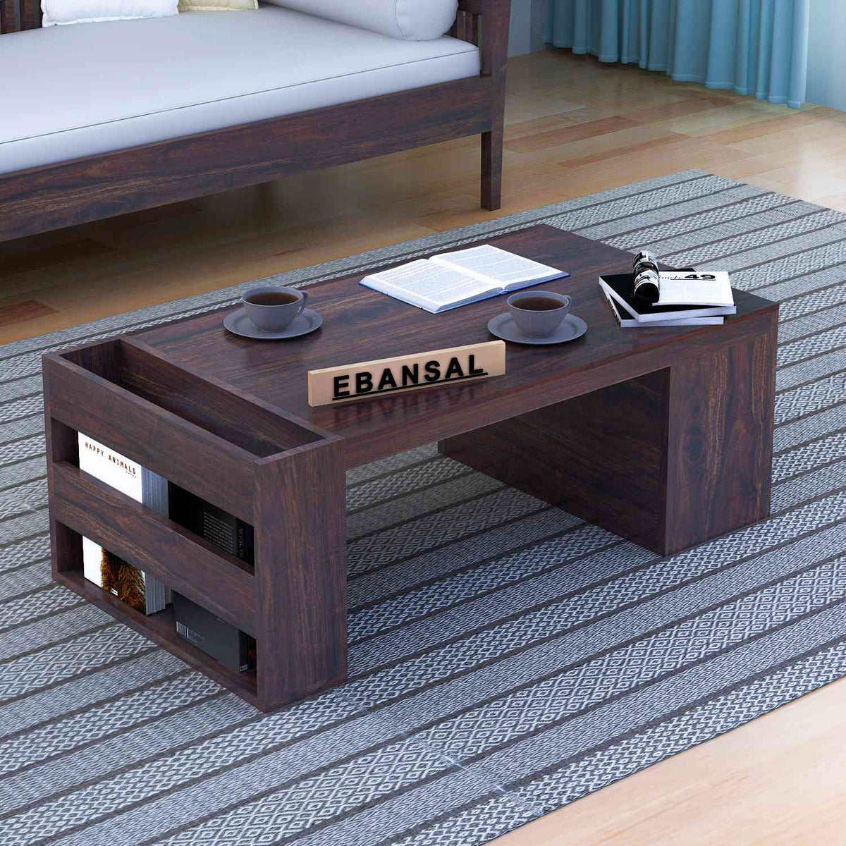 Maria Solid Sheesham Wood Coffee Table With Side Storage (Walnut Finish)