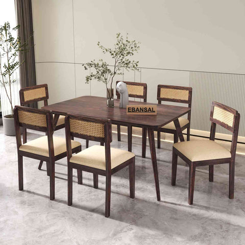 Canejoy Solid Sheesham Wood 6 Seater Dining Table With 6 Chairs (With Cushion, Walnut Finish)