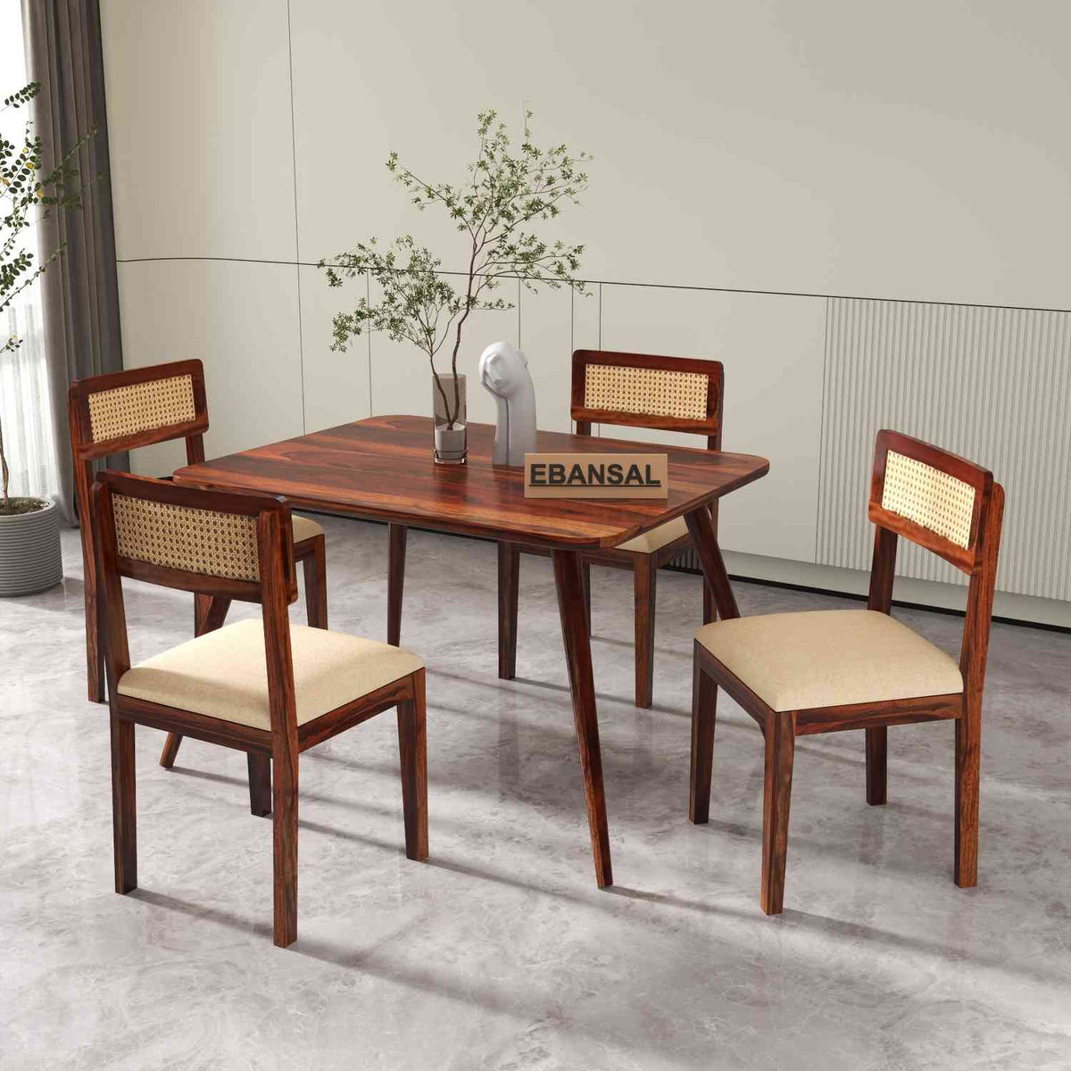 Canejoy Solid Sheesham Wood 4 Seater Dining Table With 4 Chairs (With Cushion, Natural Finish)