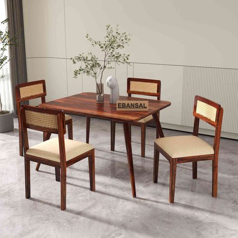 Canejoy Solid Sheesham Wood 4 Seater Dining Table With 4 Chairs (With Cushion, Natural Finish)