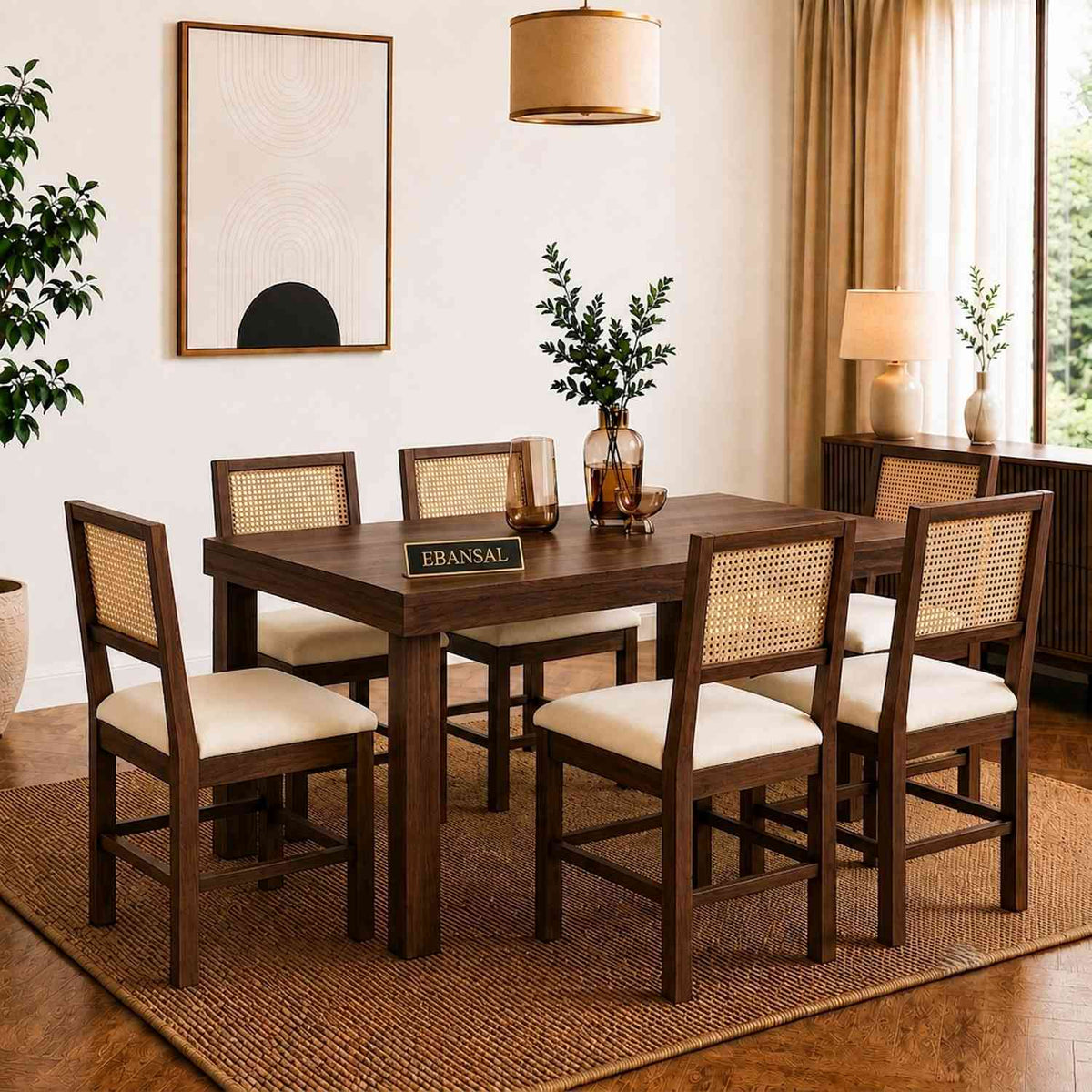Canejoy Solid Sheesham Wood 6 Seater Dining Set (Walnut Finish, With Cushion)