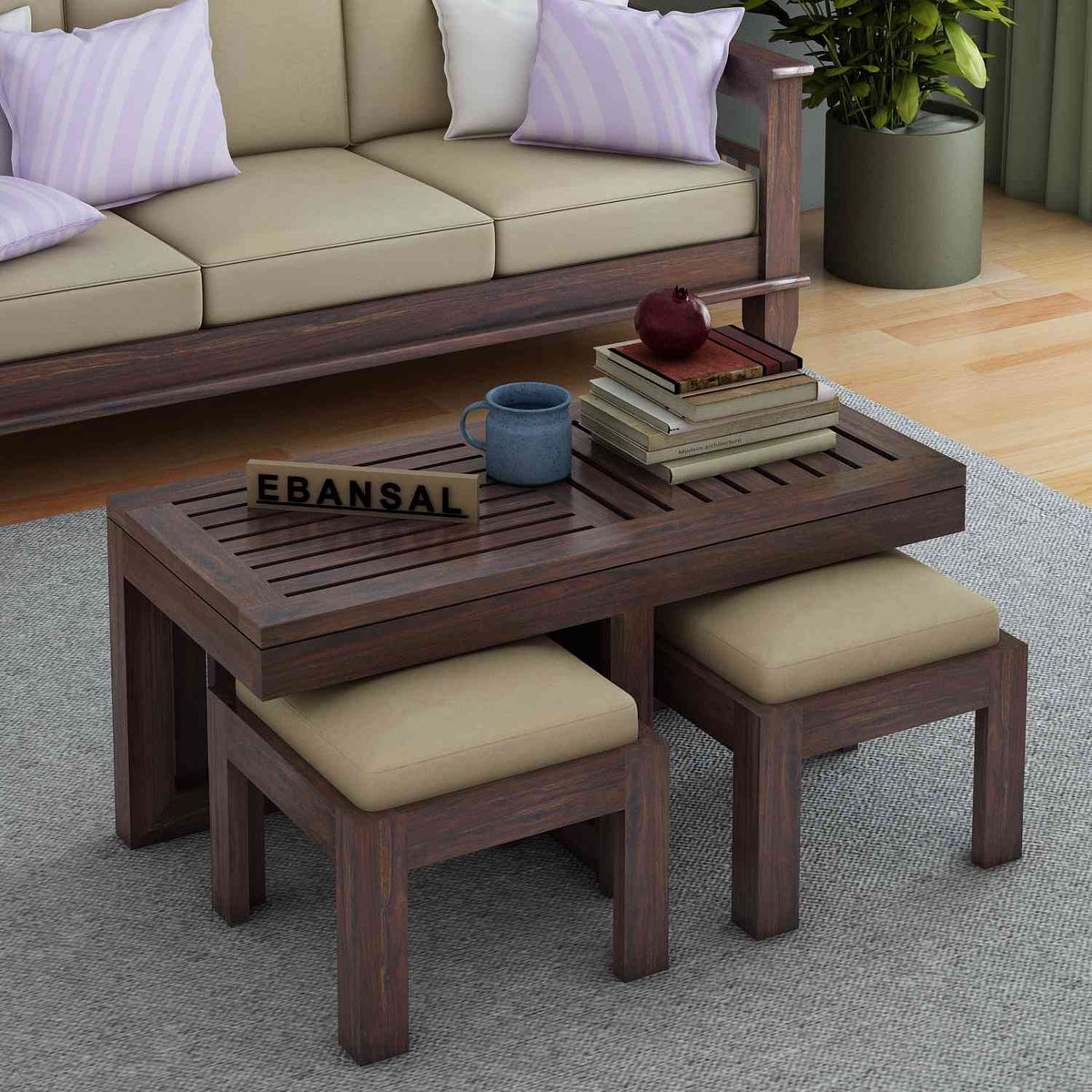 Essen Solid Sheesham Wood Coffee Table With 2 Stools (Walnut Finish)