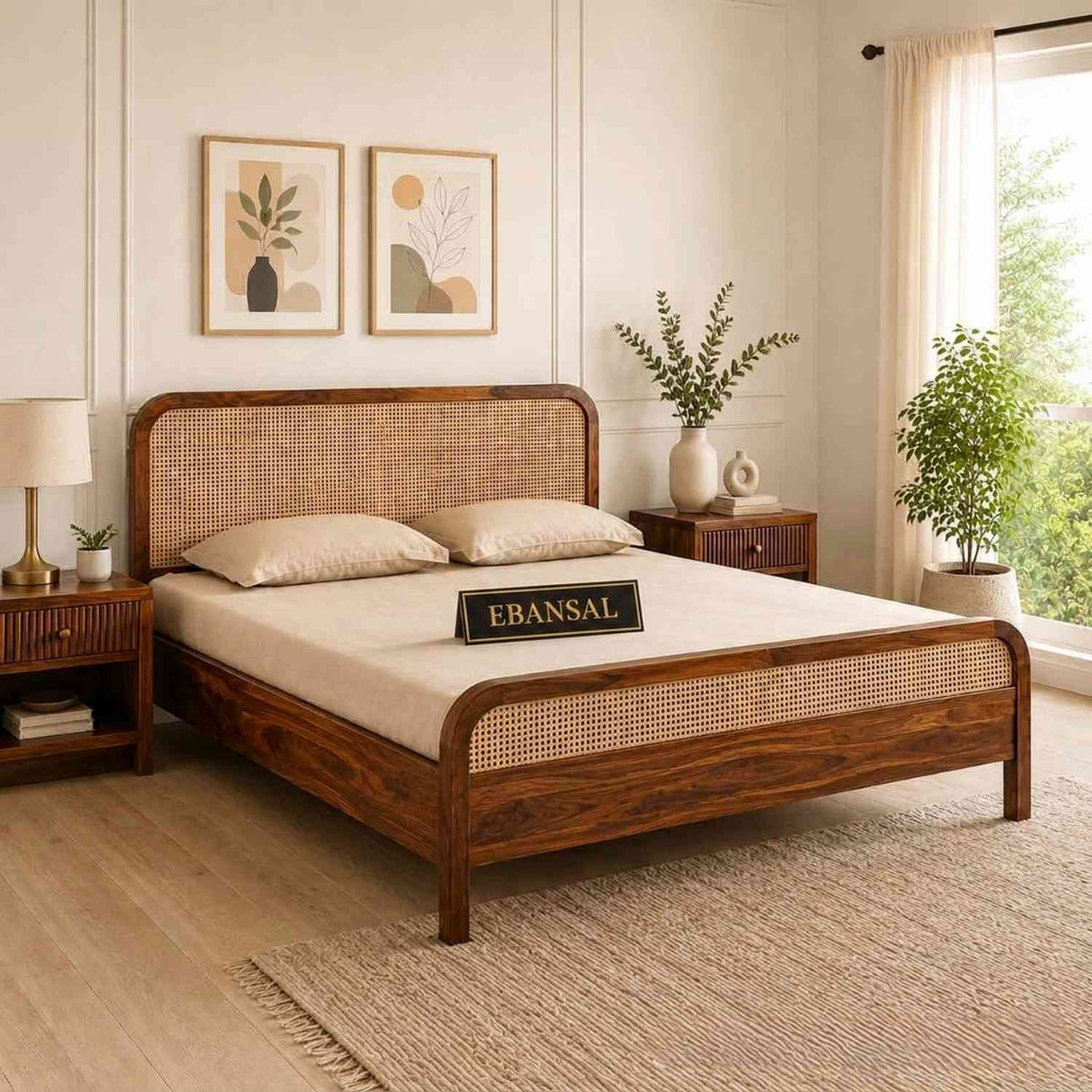 Canejoy Solid Sheesham Wood Bed Without Storage (Queen Size, Natural Finish)