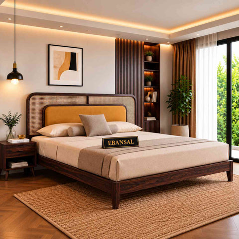 Canejoy Solid Sheesham Wood Bed Without Storage With Cushion (King Size, Walnut Finish)