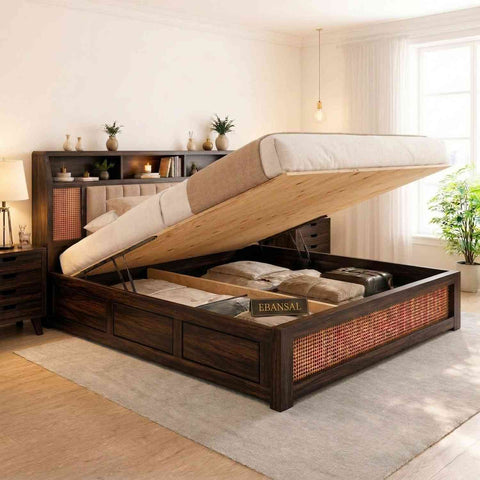 Canejoy Solid Sheesham Wood Hydraulic Bed With Box Storage (Queen Size, Walnut Finish)