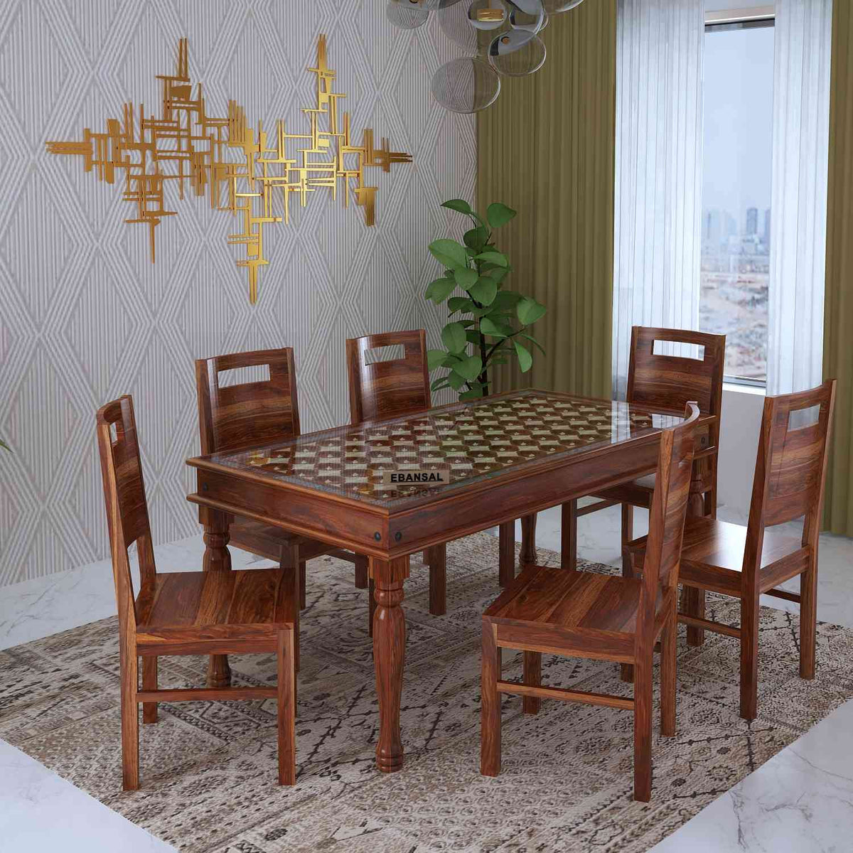 Maharana Solid Sheesham Wood 6 Seater Dining Set (Natural Finish)