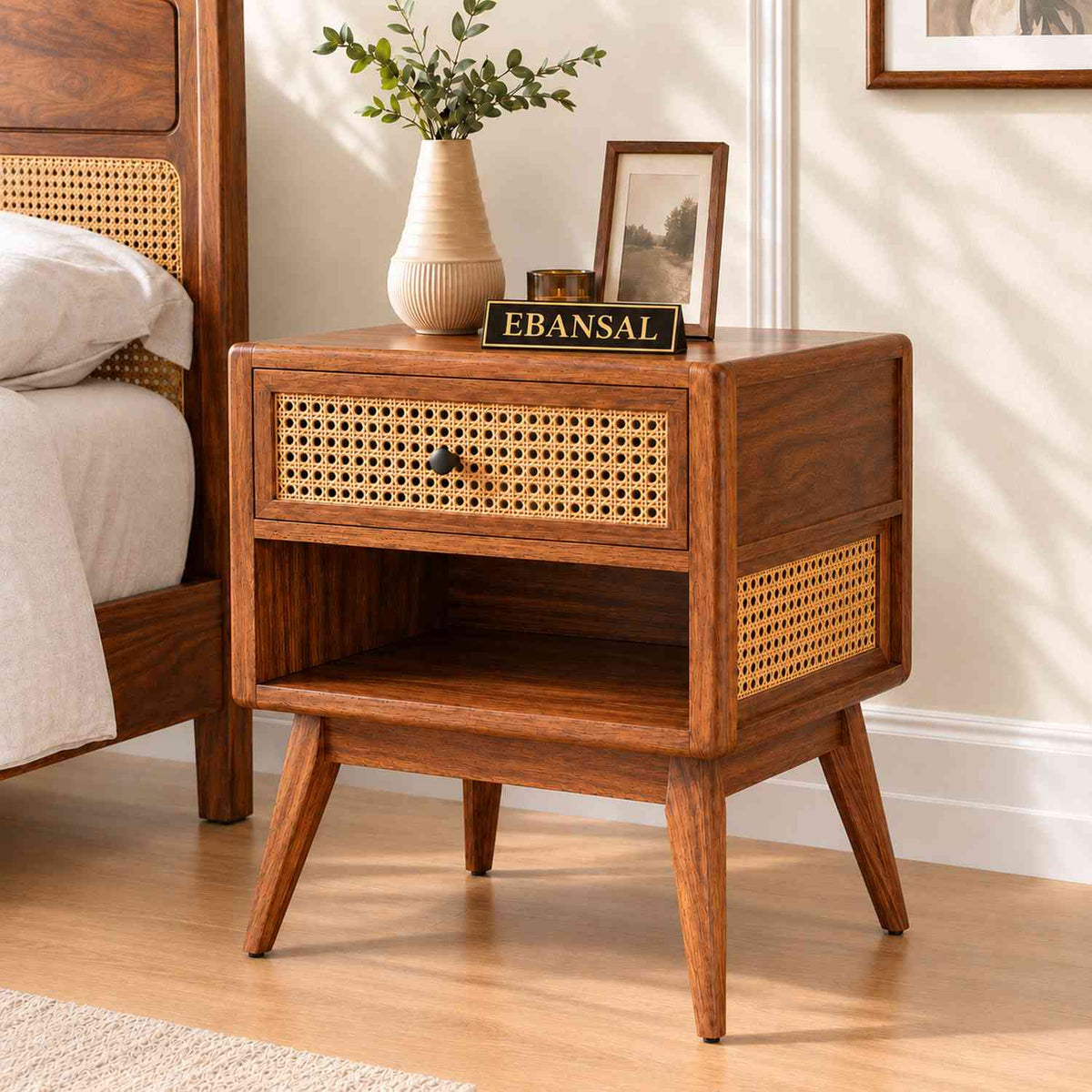 Canejoy Solid Sheesham Wood Bedside Table With 1 Drawer (Natural Finish)