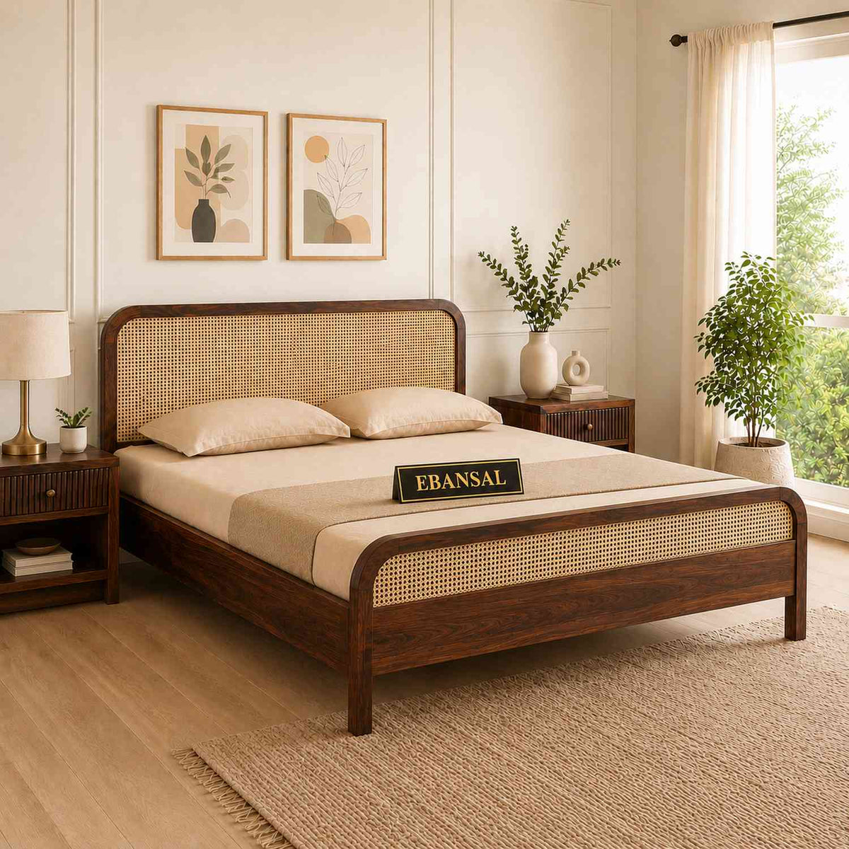 Canejoy Solid Sheesham Wood Bed Without Storage (King Size, Walnut Finish)