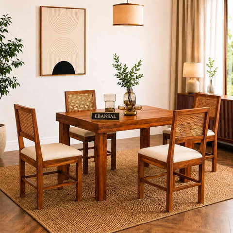 Canejoy Solid Sheesham Wood 4 Seater Dining Set (Natural Finish, With Cushion)