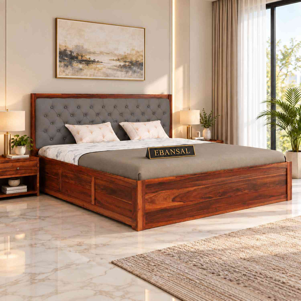 Elementra Solid Sheesham Wood Bed With Box Storage (Queen Size, Natural Finish)