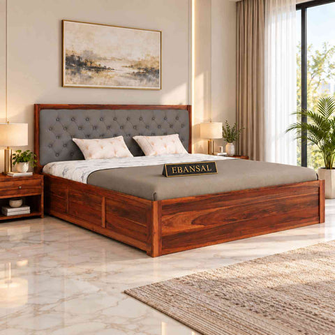 Elementra Solid Sheesham Wood Bed With Box Storage (King Size, Natural Finish)