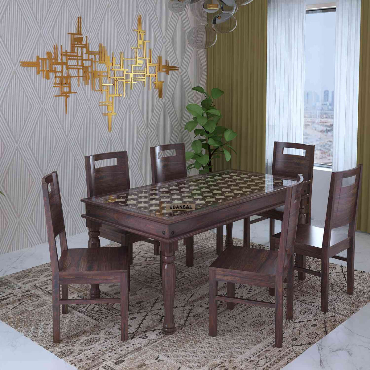 Maharana Solid Sheesham Wood 6 Seater Dining Set (Walnut Finish)