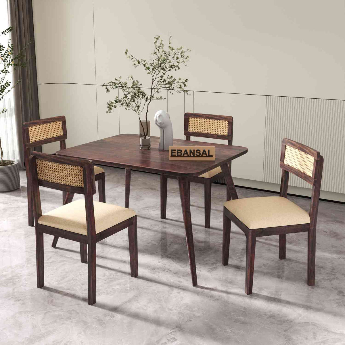 Canejoy Solid Sheesham Wood 4 Seater Dining Table With 4 Chairs (With Cushion, Walnut Finish)