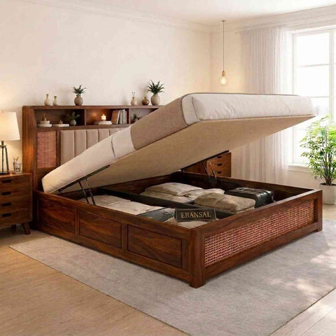 Canejoy Solid Sheesham Wood Hydraulic Bed With Box Storage (Queen Size, Natural Finish)