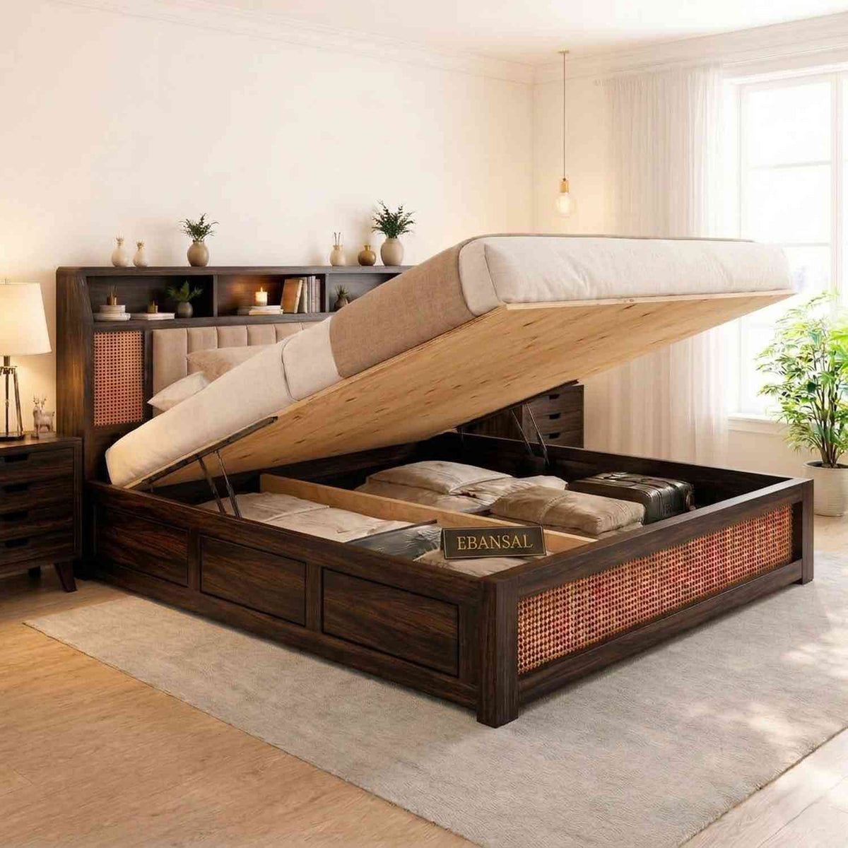 Canejoy Solid Sheesham Wood Hydraulic Bed With Box Storage (King Size, Walnut Finish)