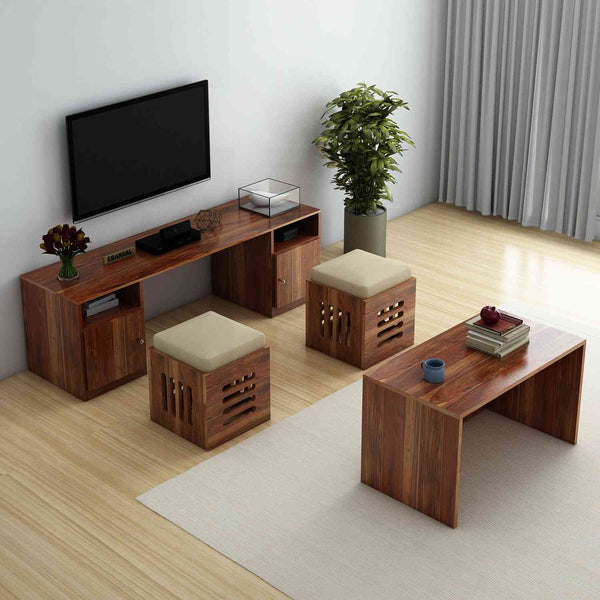Maria Solid Sheesham Wood TV Unit With Coffee Table (Natural Finish)