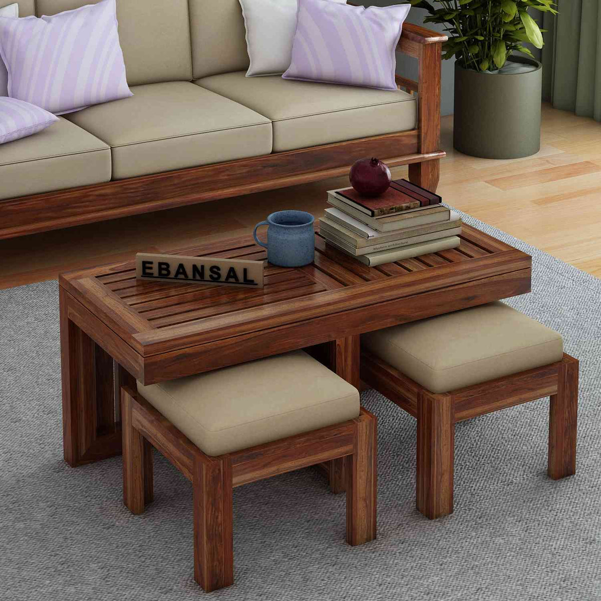 Essen Solid Sheesham Wood Coffee Table With 2 Stools (Natural Finish)
