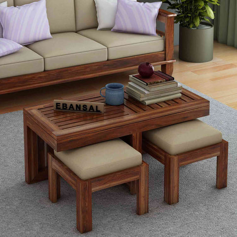 Essen Solid Sheesham Wood Coffee Table With 2 Stools (Natural Finish)
