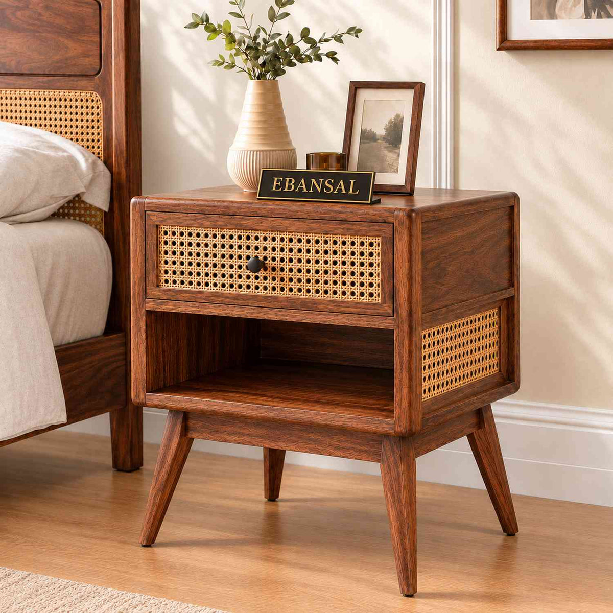 Canejoy Solid Sheesham Wood Bedside Table With 1 Drawer (Walnut Finish)