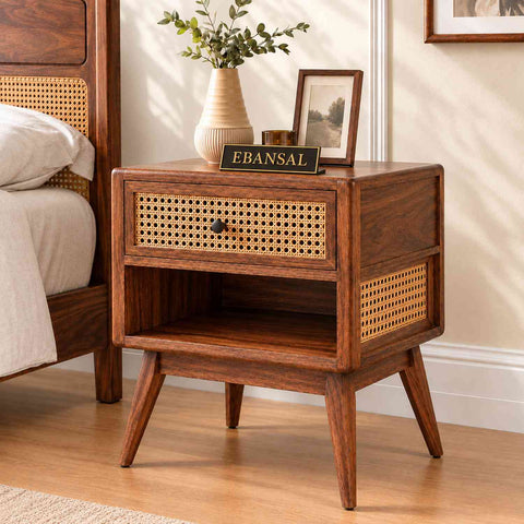 Canejoy Solid Sheesham Wood Bedside Table With 1 Drawer (Walnut Finish)