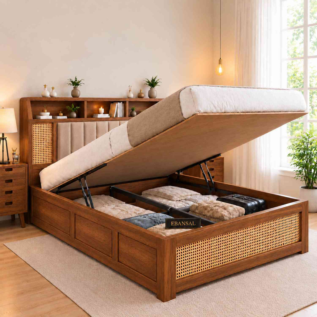 Canejoy Solid Sheesham Wood Hydraulic Bed With Box Storage (King Size, Natural Finish, Design 4)