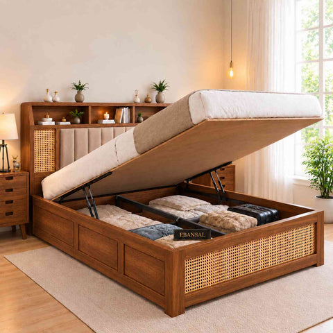 Canejoy Solid Sheesham Wood Hydraulic Bed With Box Storage (King Size, Natural Finish, Design 4)